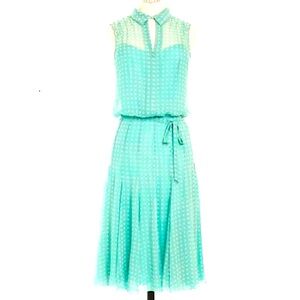 💯 %Silk Color Full Line Sleeveless Blue Polka Dot Flare  Skirt  Dress Size 8|36